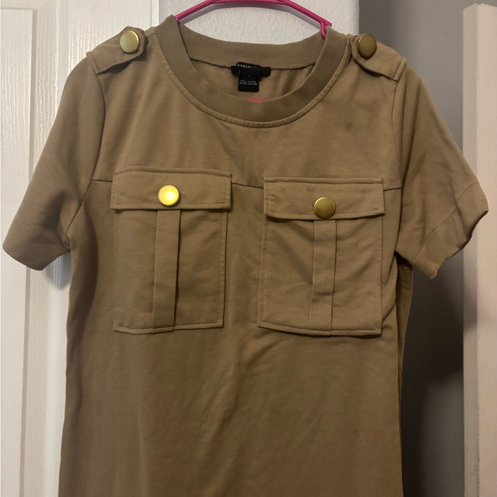 Khaki Short Sleeve Top with Gold Button Accents